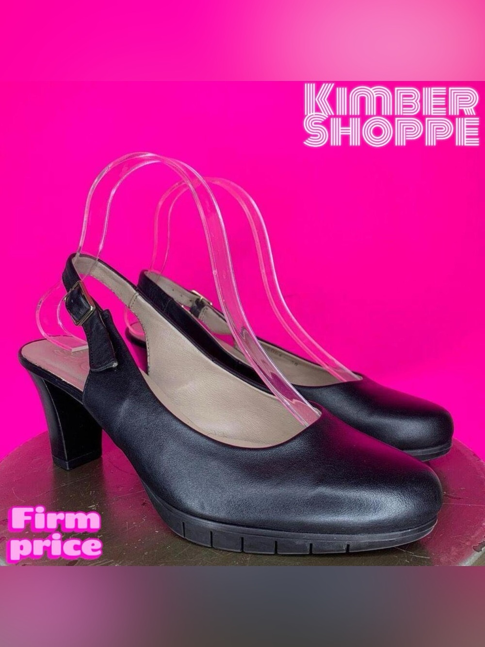Wonders Black Leather Slingback Round Toe Low Heel Pumps EU 38 US 7.5 UK 5